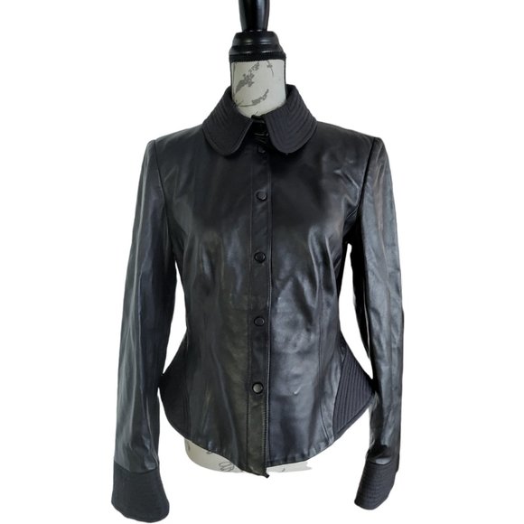 ARMANI COLLEZIONI Women's Black Leather Peplum Jacket Size 8 - Picture 1 of 11